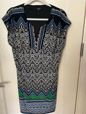 Laundry by Shelli Segal Geometric Print Dress in Black, White, Green & Blue